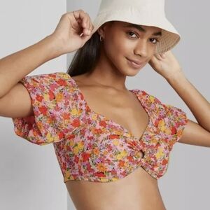 Wild Fable pink floral puff sleeve lace up back cut out bra crop top